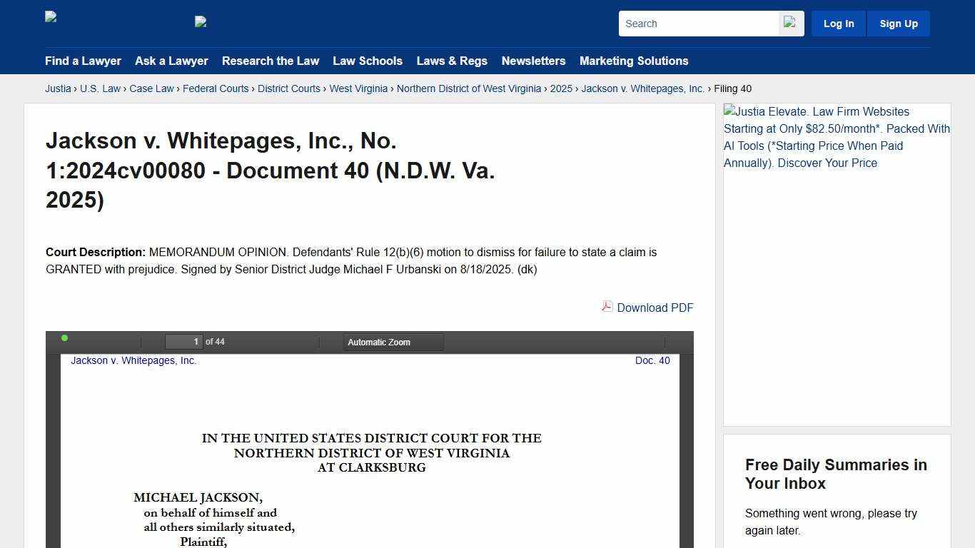 Jackson v. Whitepages, Inc., No. 1:2024cv00080 - Document 40 (N.D.W. Va. 2025) :: Justia