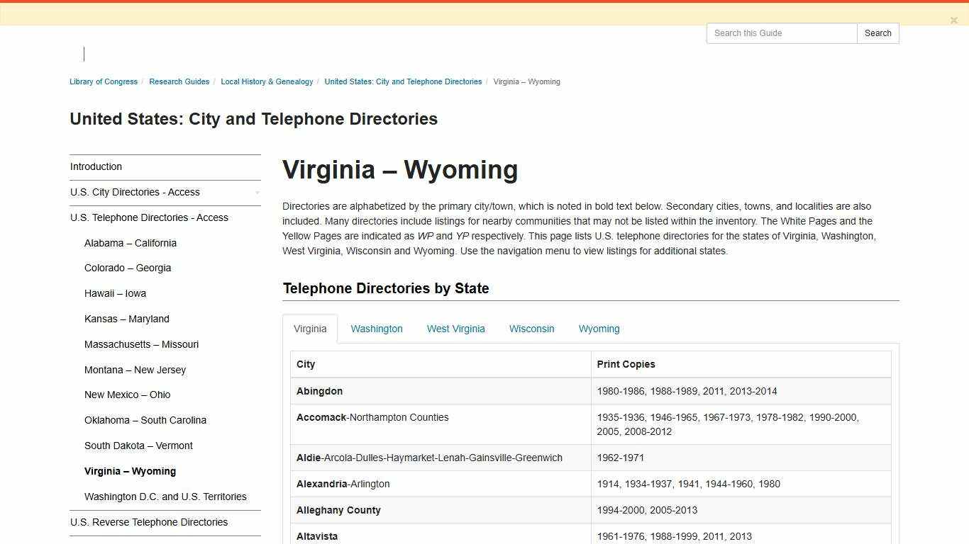Virginia – Wyoming - United States: City and Telephone Directories - Research Guides at Library of Congress